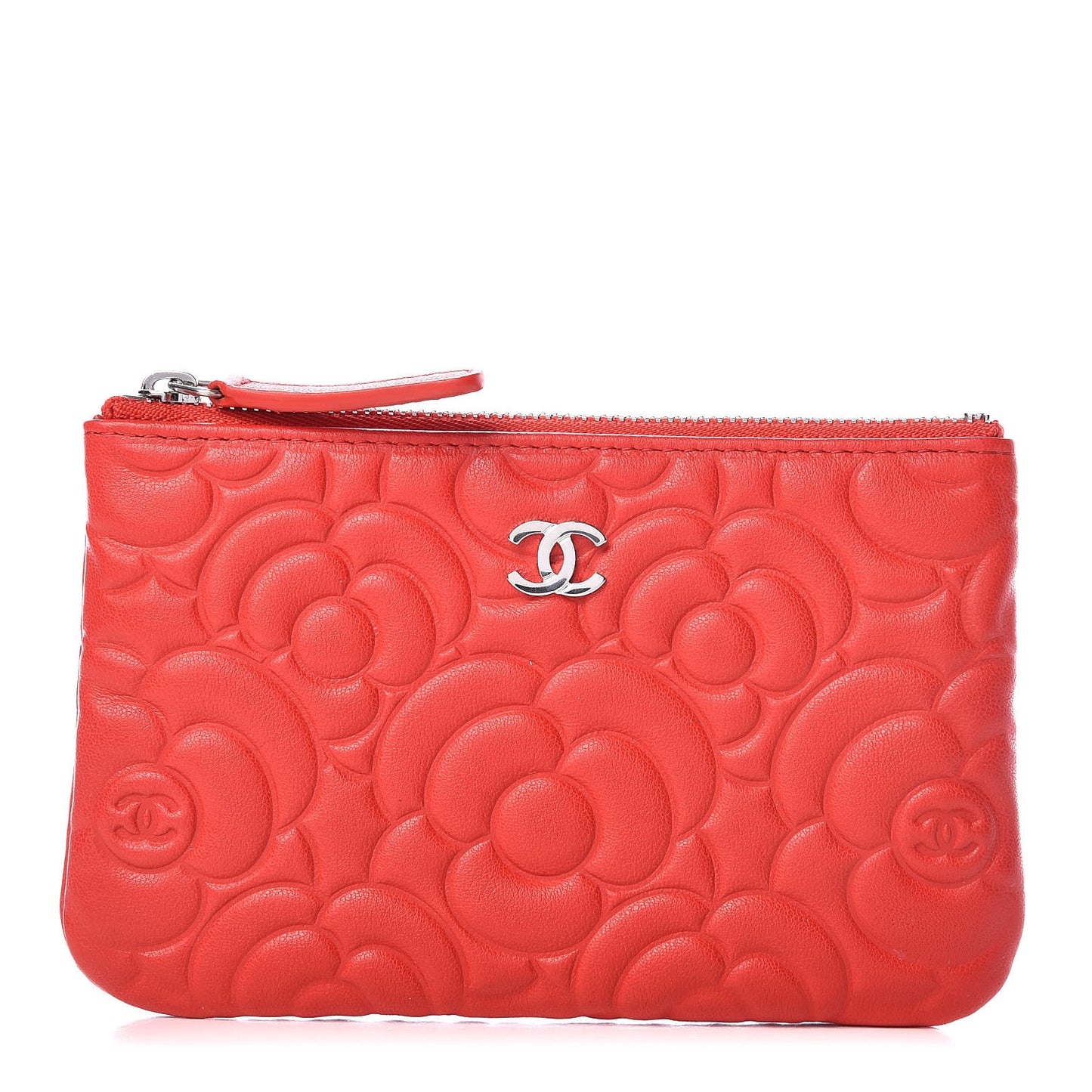 Goatskin Camellia Embossed Cosmetic Pouch Red