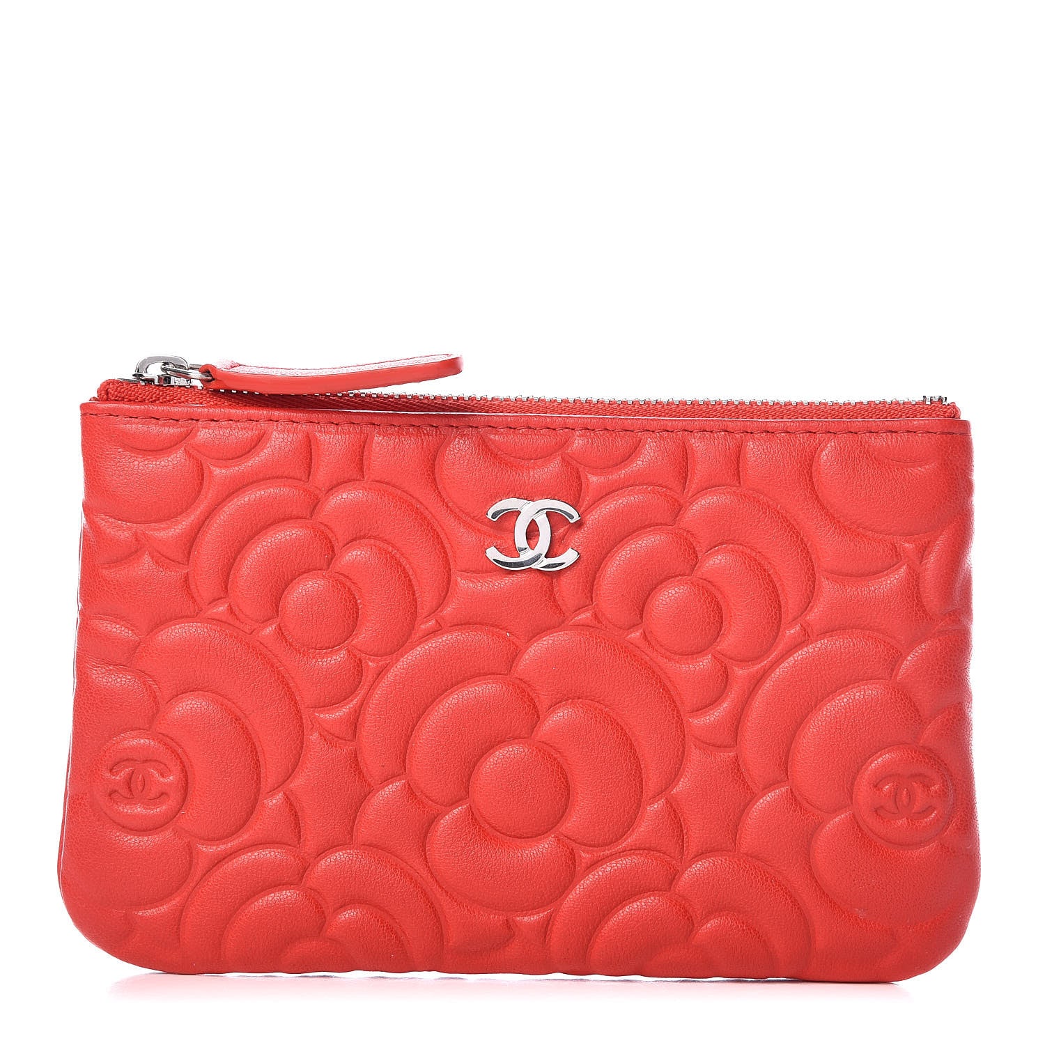 Chanel Goatskin Camellia Embossed Cosmetic Pouch Red 1 of 10