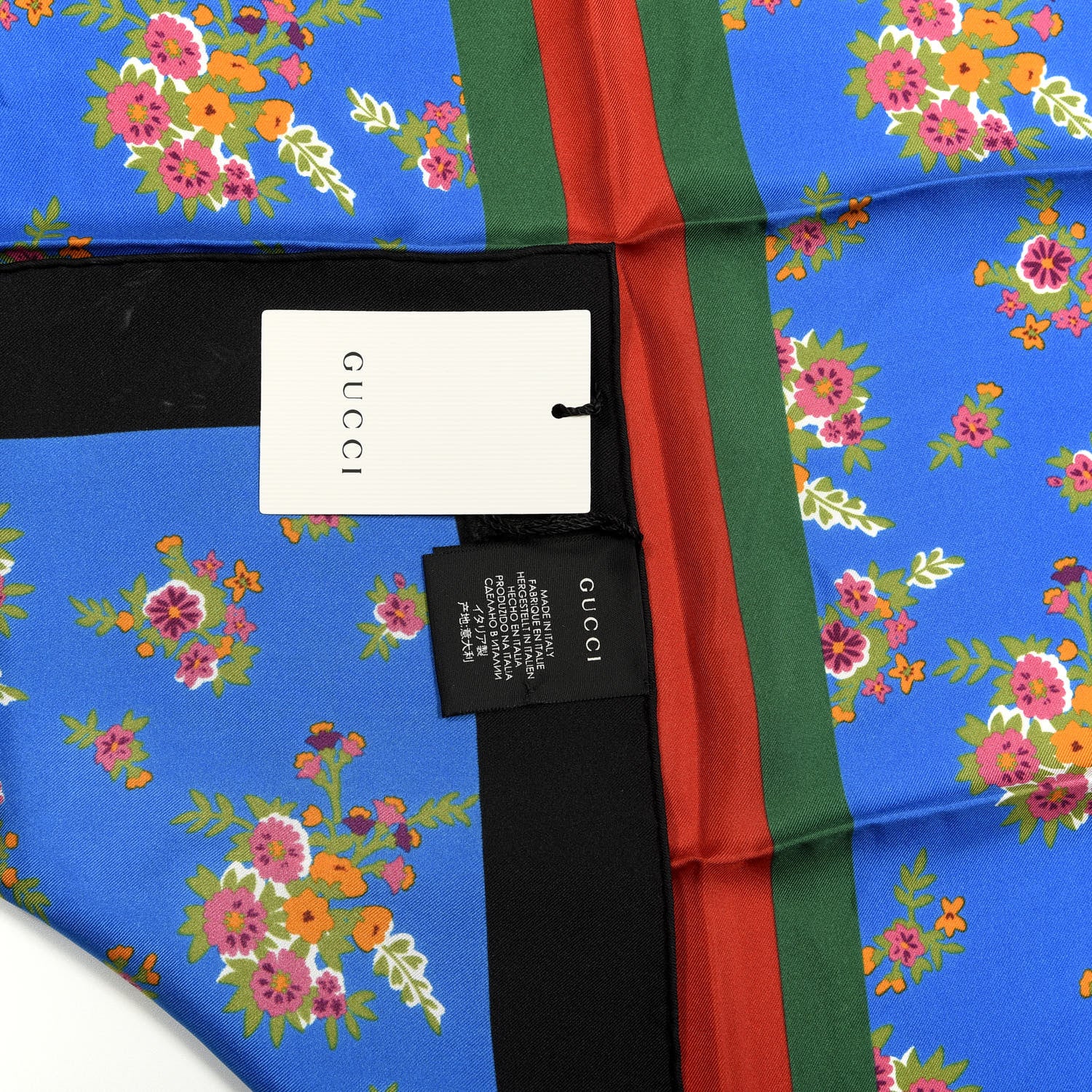 Gucci Silk Floral Print Web Square Scarf Black Blue 3 of 4