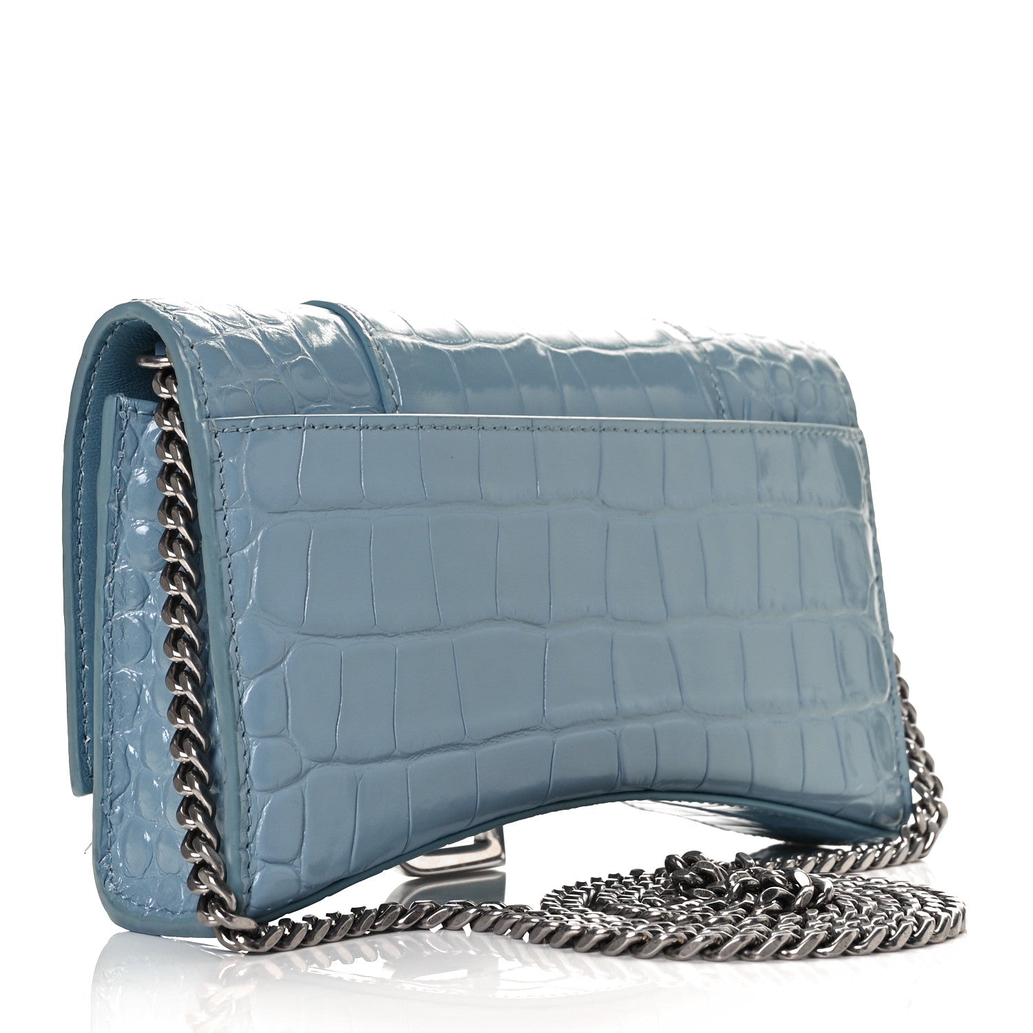 Balenciaga Shiny Calfskin Crocodile Embossed Hourglass Chain Bag Blue Grey 5 of 17