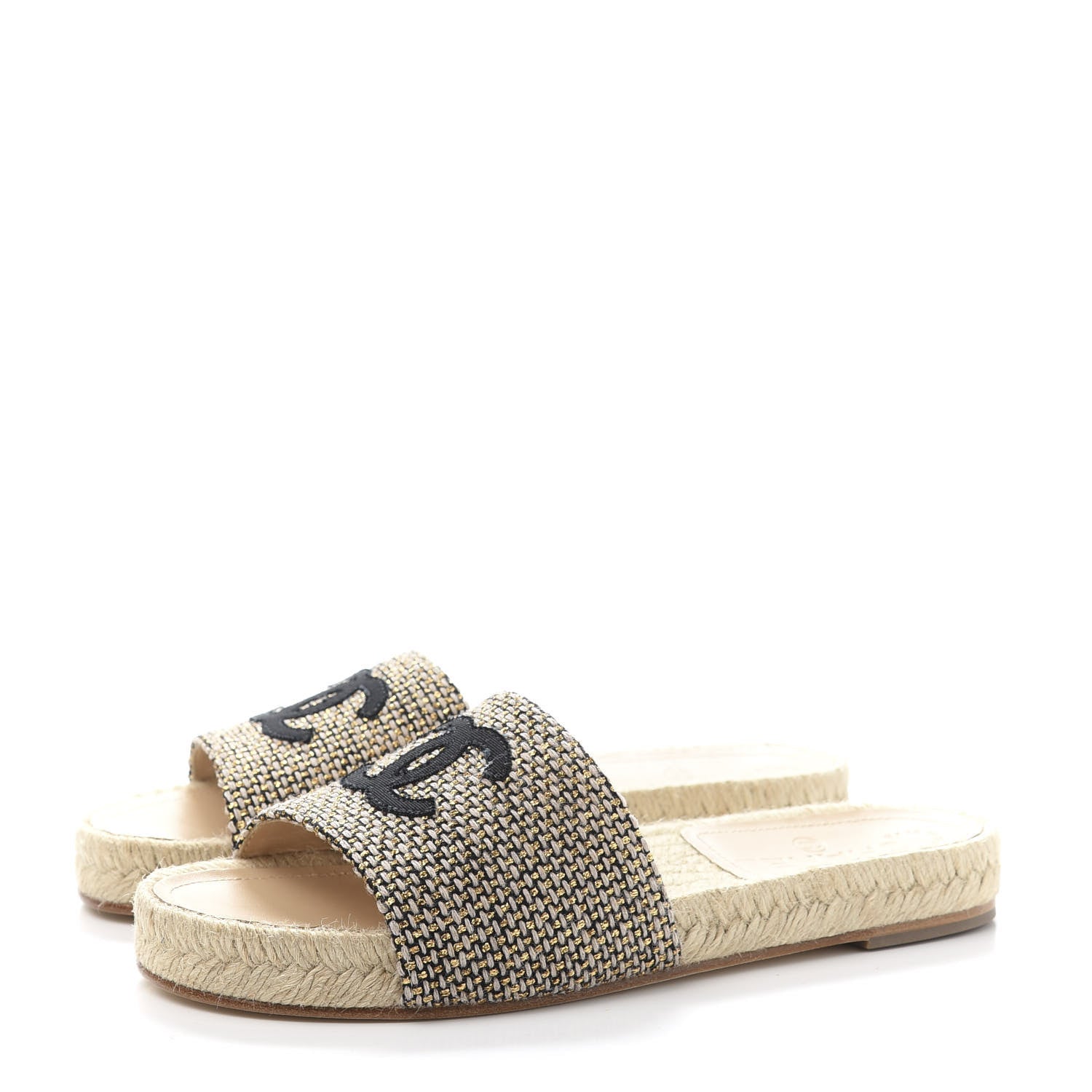 Chanel Metallic Tweed CC Espadrille Slip On Sandals 36 Beige Black 3 of 9