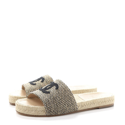 Chanel Metallic Tweed CC Espadrille Slip On Sandals 36 Beige Black 3 of 9