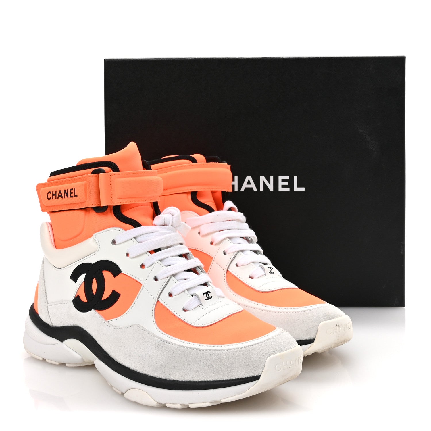Chanel Suede Calfskin Lambskin Neoprene High Top CC Sneakers 37 White Fluo Orange 8 of 8