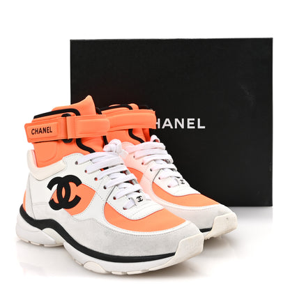 Chanel Suede Calfskin Lambskin Neoprene High Top CC Sneakers 37 White Fluo Orange 8 of 8
