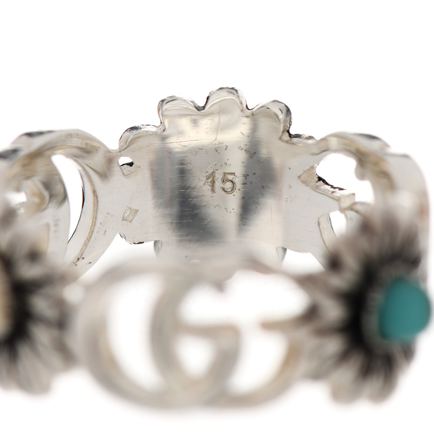 Gucci Sterling Silver Mother of Pearl Blue Topaz Flower Marmont Double G Ring 54 7 5 of 6