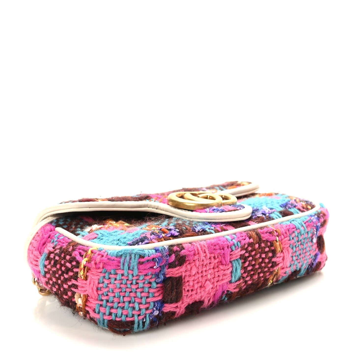 Tweed Calfskin Spicy Check Super Mini GG Marmont Shoulder Bag Pink Multicolor Mystic White