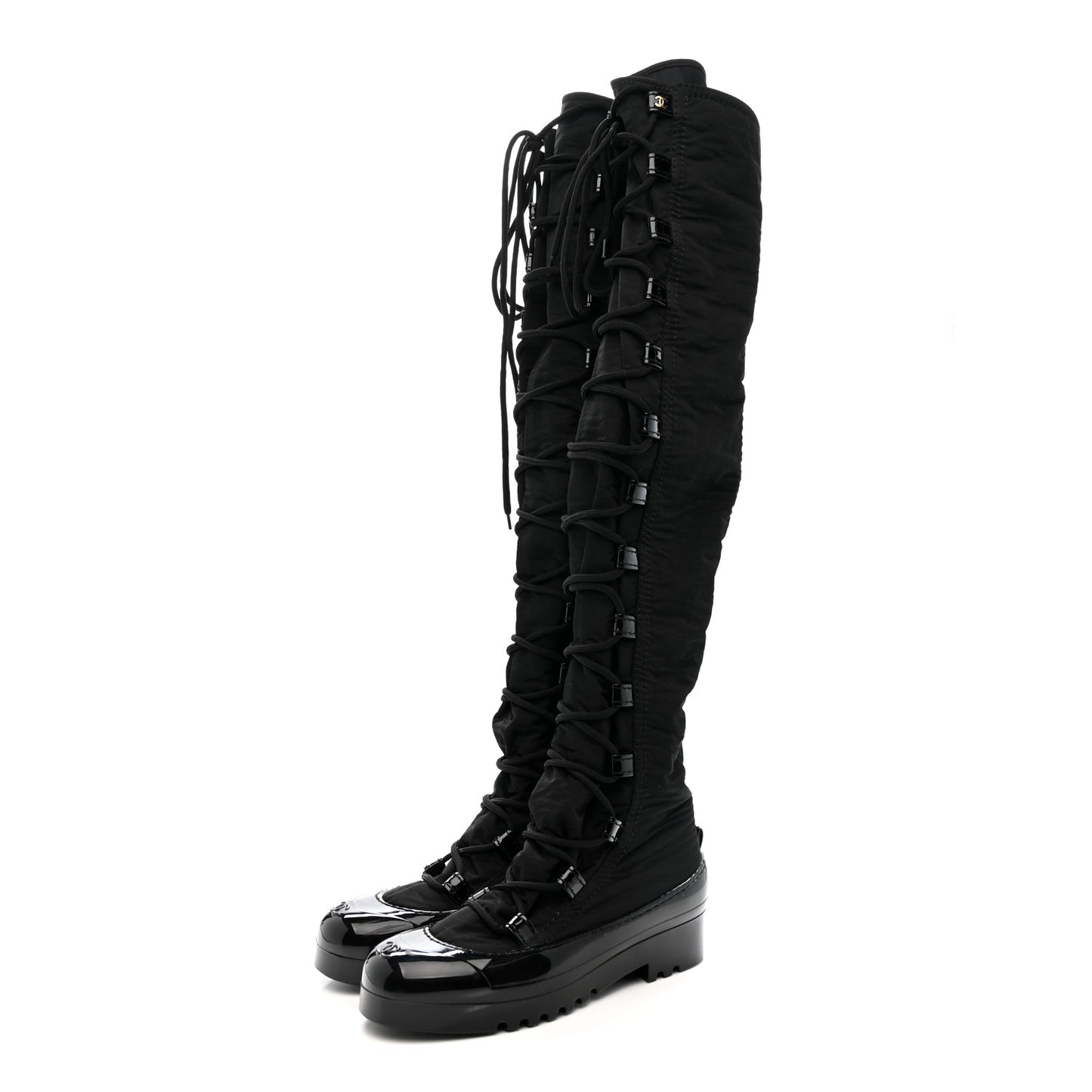 Nylon Rubber CC Lace Up Thigh High Boots 40 Black