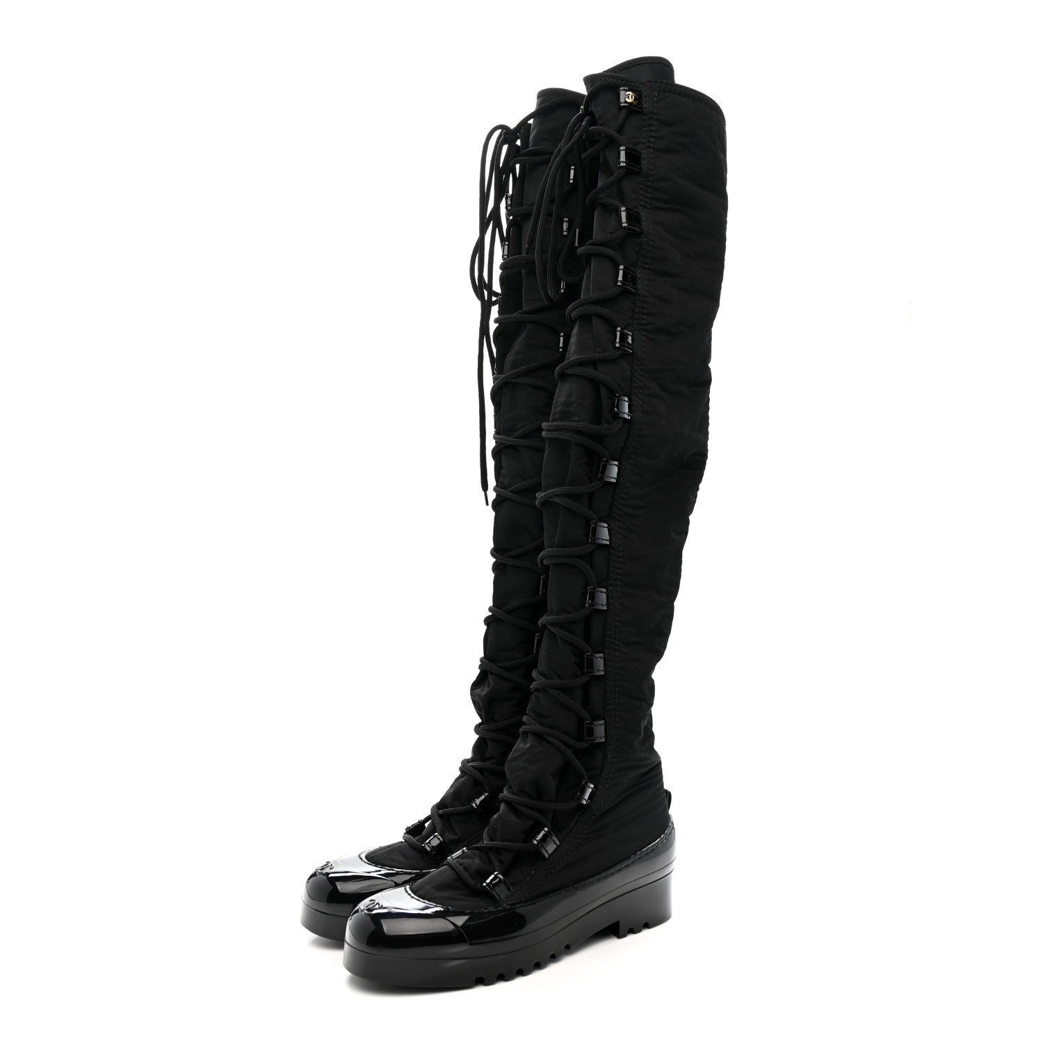 Chanel Nylon Rubber CC Lace Up Thigh High Boots 40 Black 3 of 6