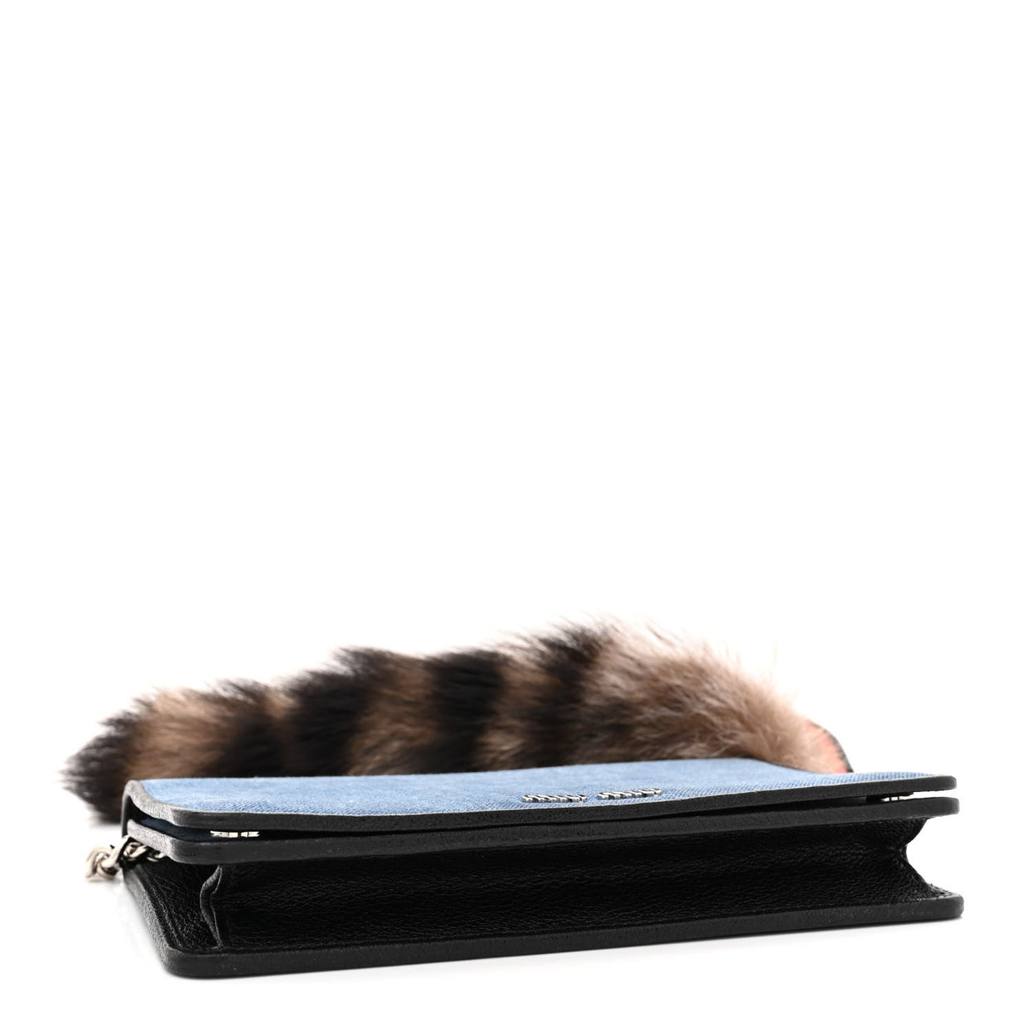 MIU MIU Denim Raccoon Fur Charm Crossbody Blue