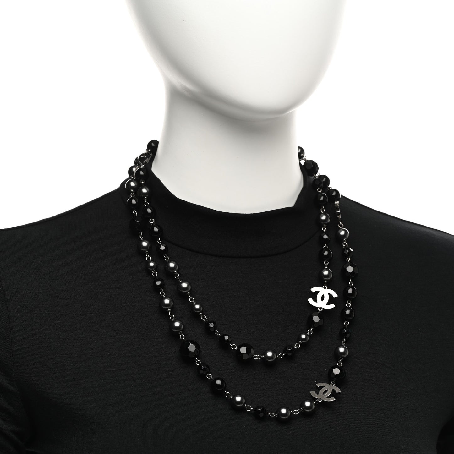 Ruthenium Pearl Beaded CC Long Necklace Black