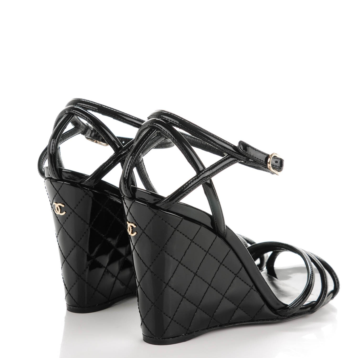 Chanel Patent Quilted Wedge Sandals 36.5 Black 3 of 9
