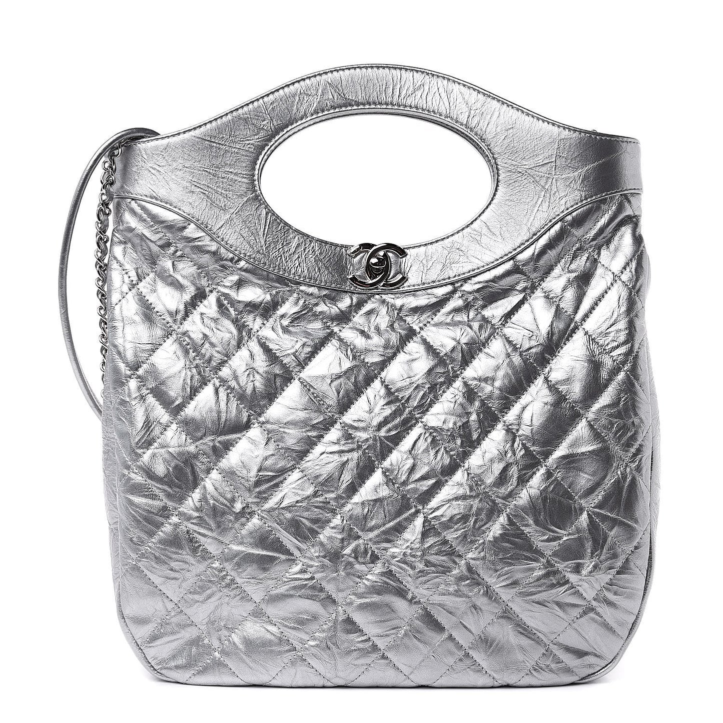 Metallic Crumpled Calfskin Small 31 Shopping Bag Silver