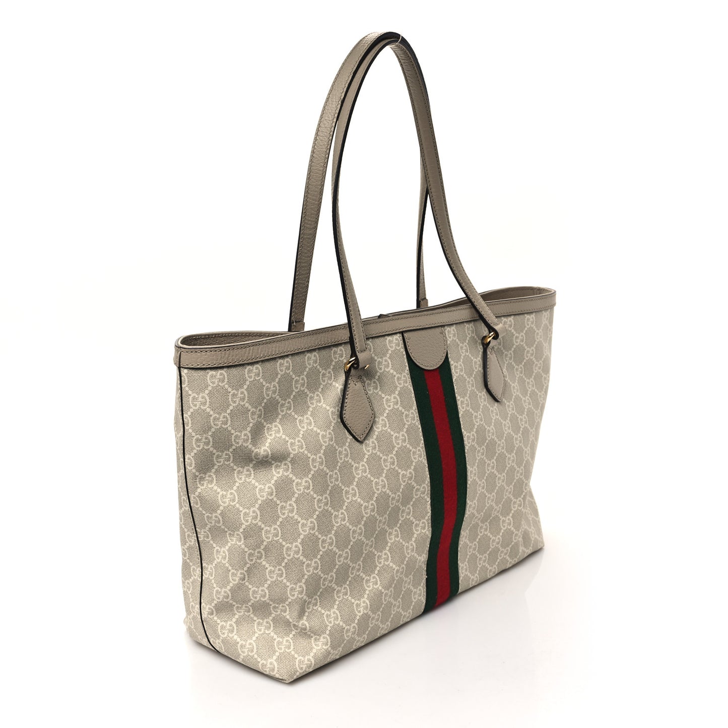 GG Supreme Monogram Textured Dollar Calfskin Web Medium Ophidia Shopping Tote Beige Mystic White Oatmeal