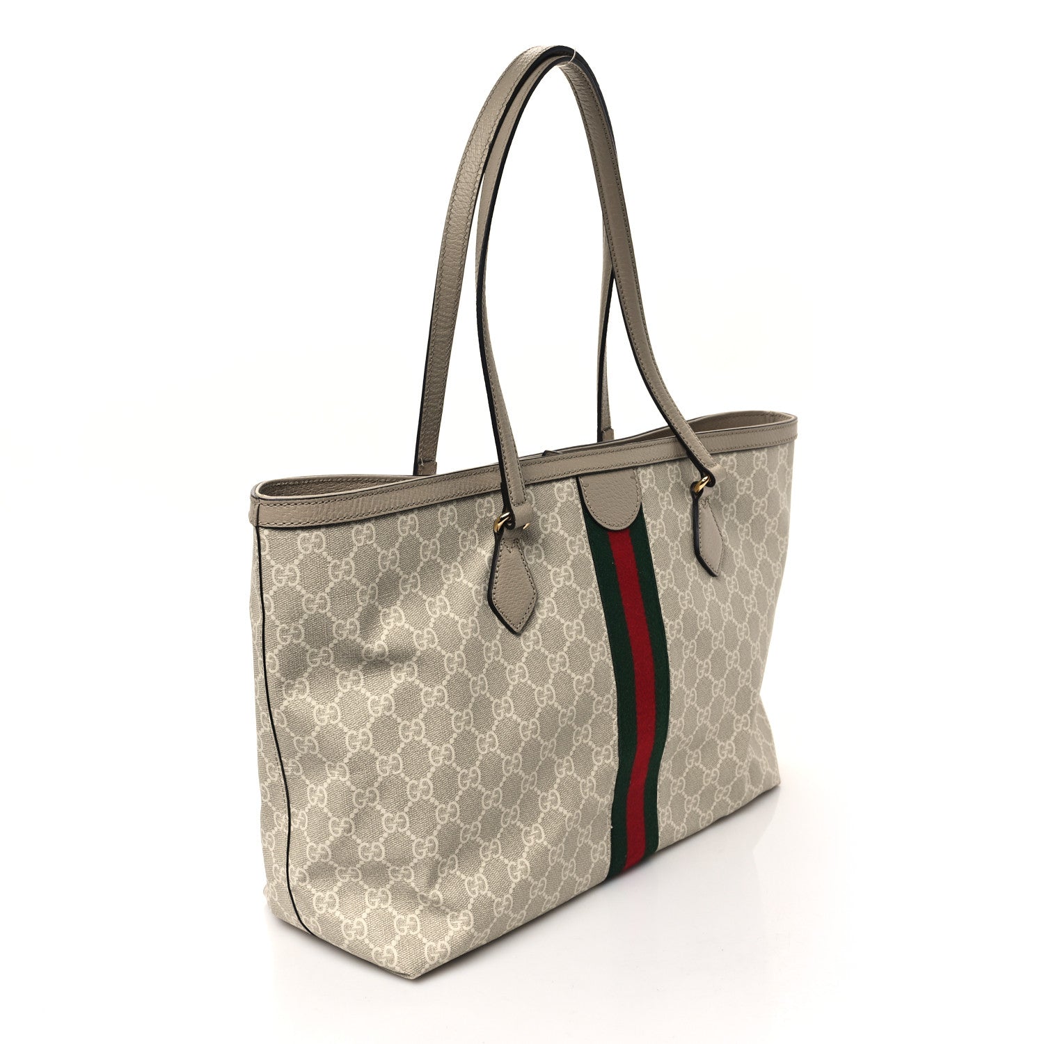 Gucci GG Supreme Monogram Textured Dollar Calfskin Web Medium Ophidia Shopping Tote Beige Mystic White Oatmeal 3 of 11