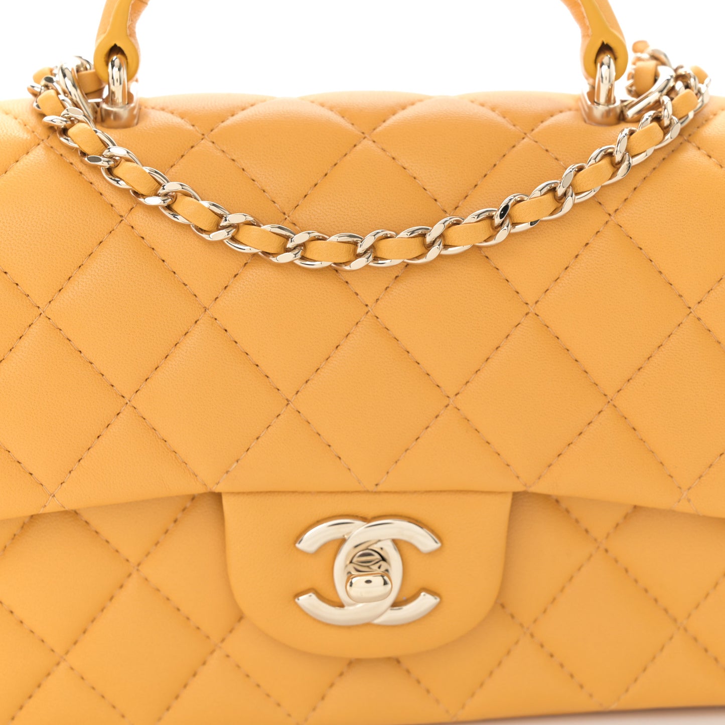 Lambskin Quilted Mini Top Handle Rectangular Flap Yellow