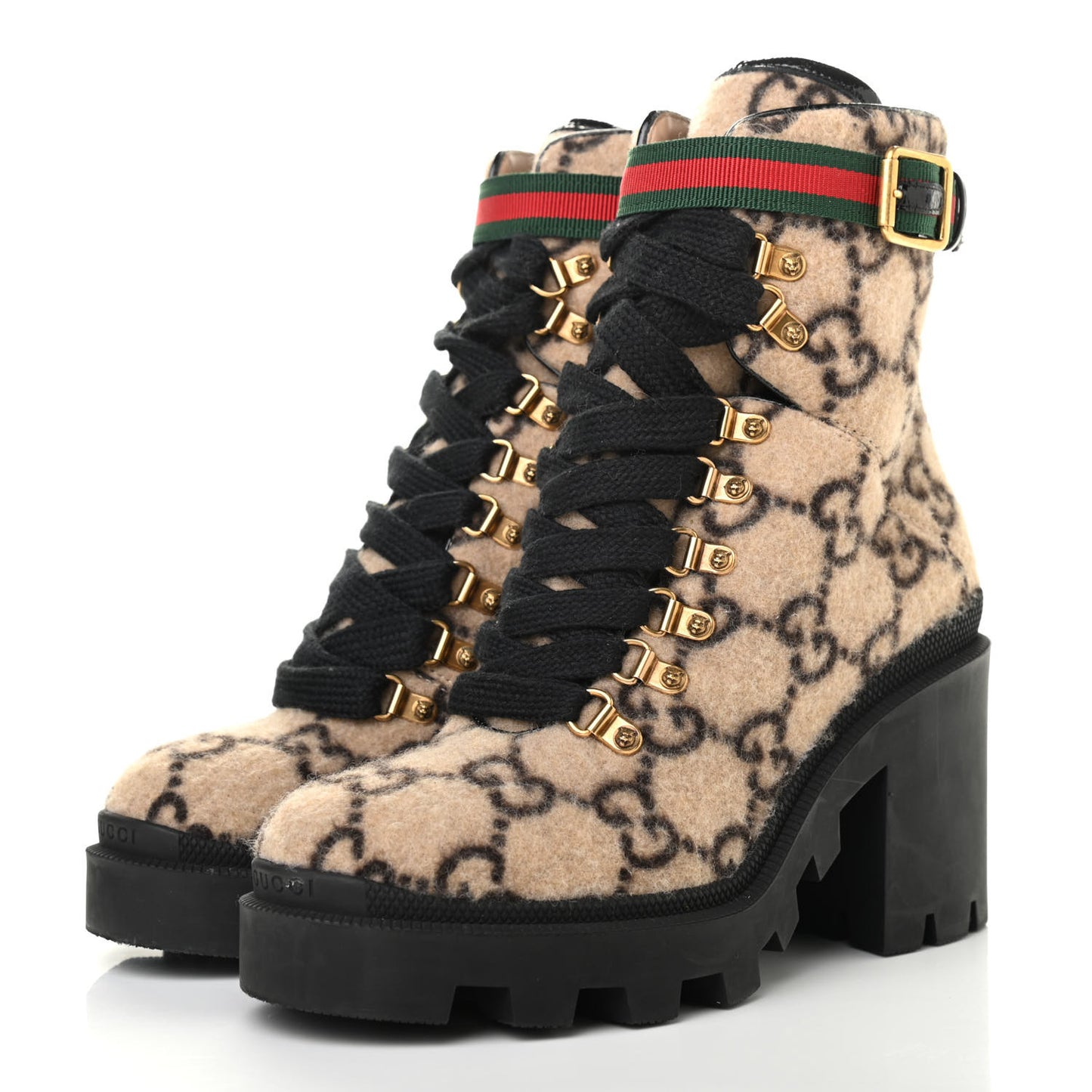 Covered Wool GG Monogram Womens Lace Up Combat Ankle Boots 38.5 Beige Ebony Black