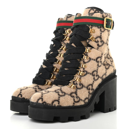 Gucci Covered Wool GG Monogram Womens Lace Up Combat Ankle Boots 38.5 Beige Ebony Black 3 of 11