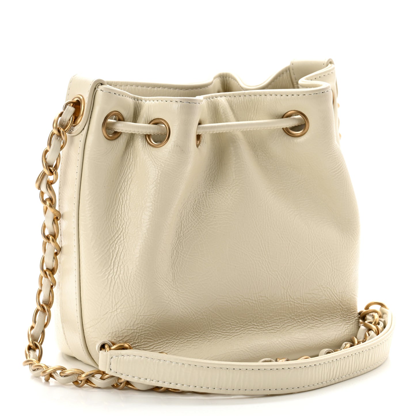 Shiny Aged Calfskin CC Chain Mini Drawstring Bag White