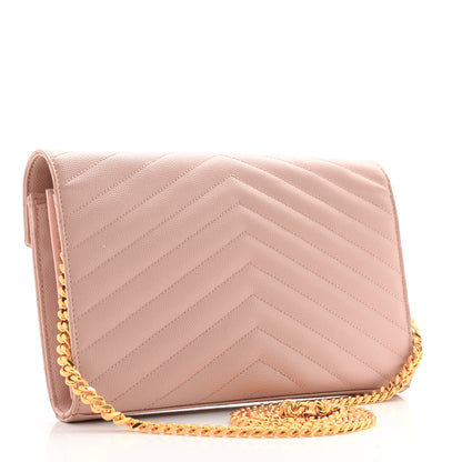 Saint Laurent Grain De Poudre Matelasse Chevron Monogram Chain Wallet Pale Pink 3 of 15