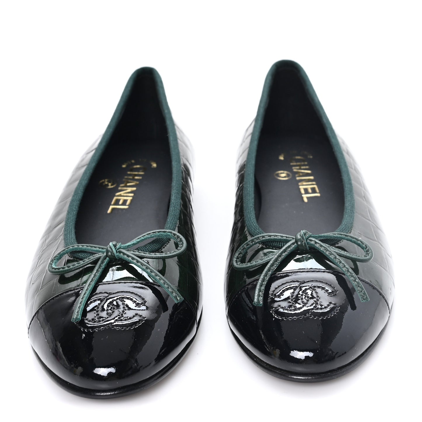 Crocodile Embossed Patent Calfskin Ballet Flats 36.5 Dark Green Black