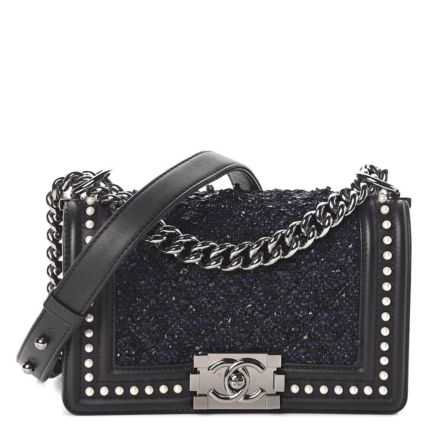 Calfskin Pearl Tweed Small Boy Flap Black