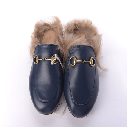 Gucci Malaga Kid Fur Womens Princetown Slippers 34.5 Blue Agata 6 of 9