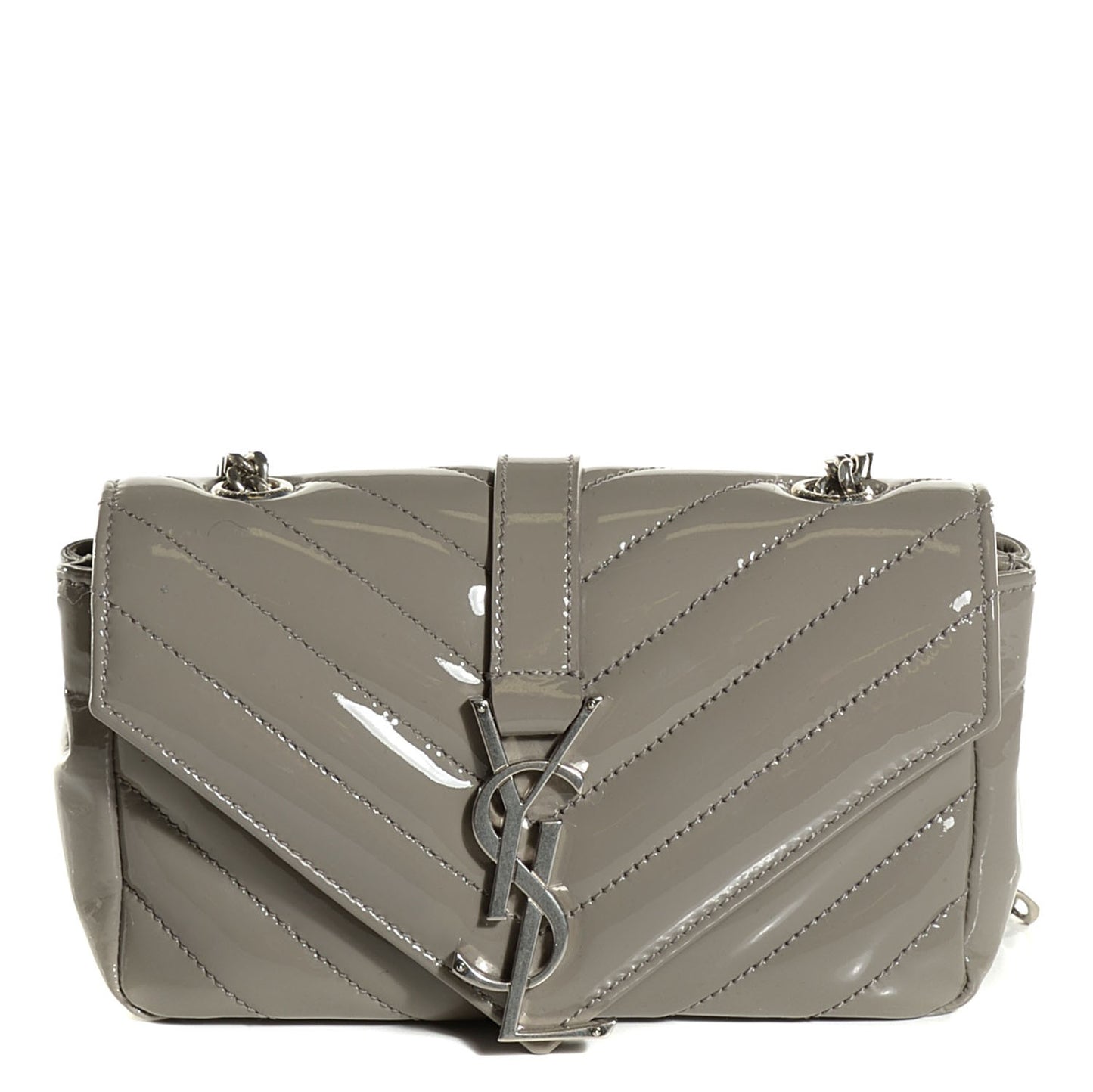 Patent Chevron Mini V Flap Chain Shoulder Bag Light Grey