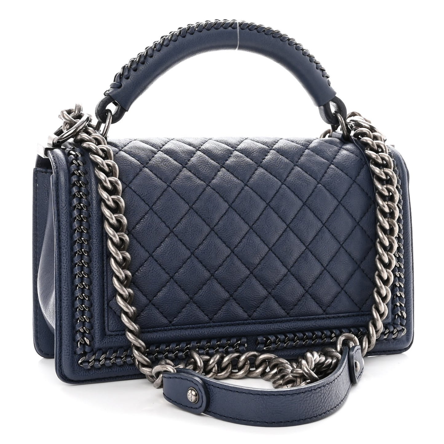 Calfskin Quilted Medium Top Handle Boy Flap Blue