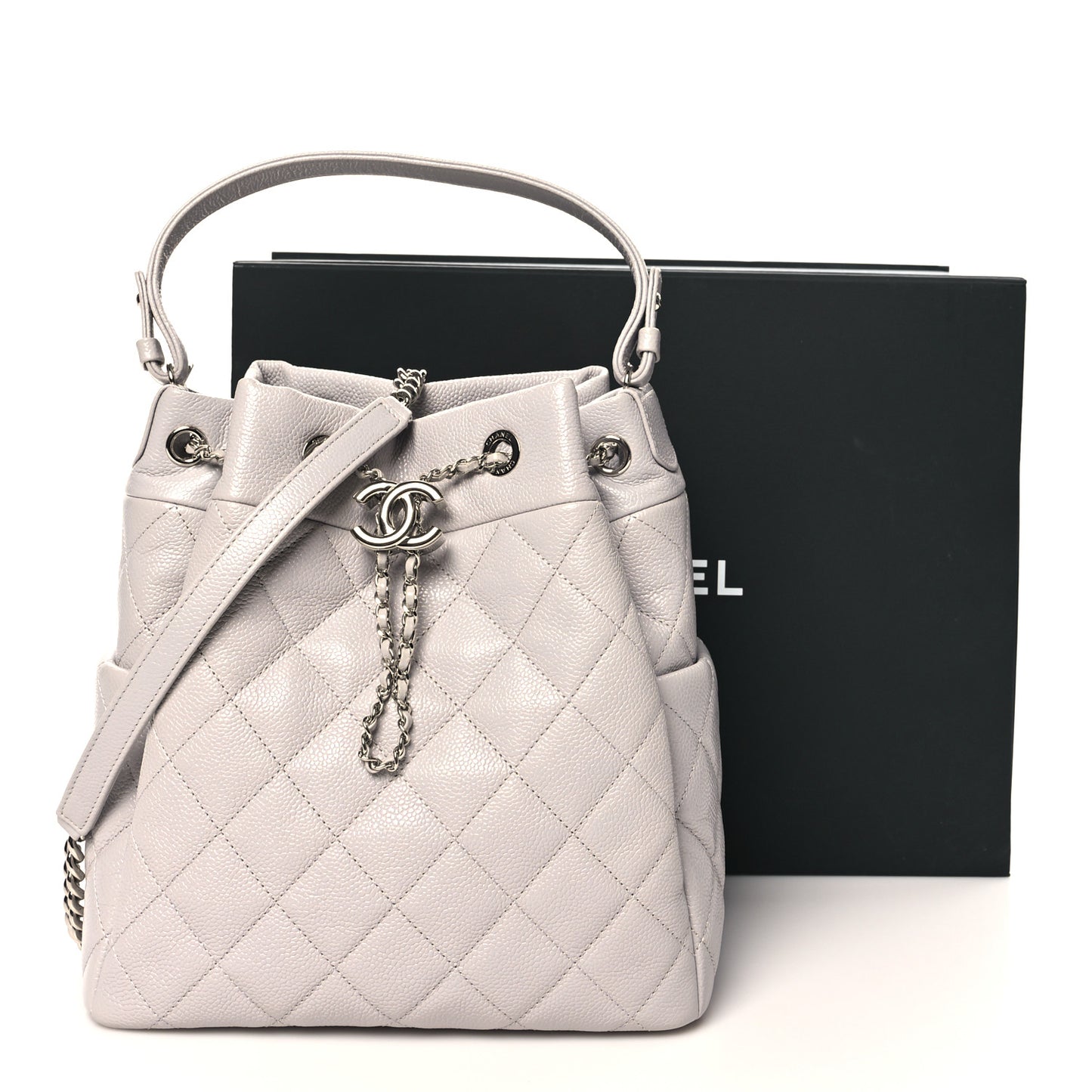 Caviar Flat Quilted CC Chain Bucket Drawstring Bag Light Grey