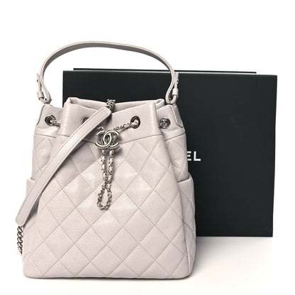 Chanel Caviar Flat Quilted CC Chain Bucket Drawstring Bag Light Grey 11 of 11