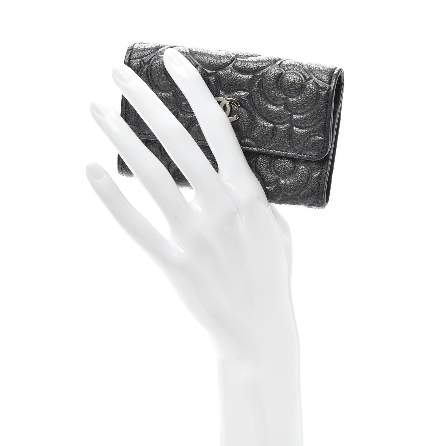 Chanel Goatskin Camellia Embossed Flap Card Holder Wallet Grey 2 of 8