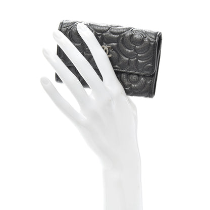 Chanel Goatskin Camellia Embossed Flap Card Holder Wallet Grey 2 of 8