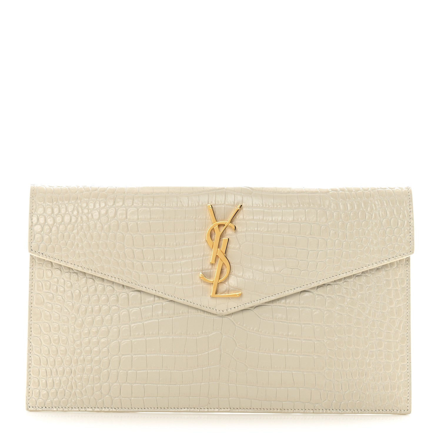 Saint Laurent Calfskin Crocodile Embossed Uptown Monogram Pouch Crema Soft 1 of 8