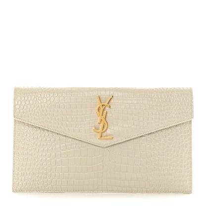 Saint Laurent Calfskin Crocodile Embossed Uptown Monogram Pouch Crema Soft 1 of 8