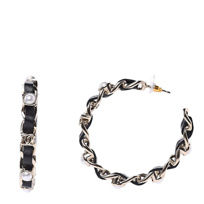 Chanel Lambskin Pearl CC Chain Hoop Earrings Gold Black 1 of 5