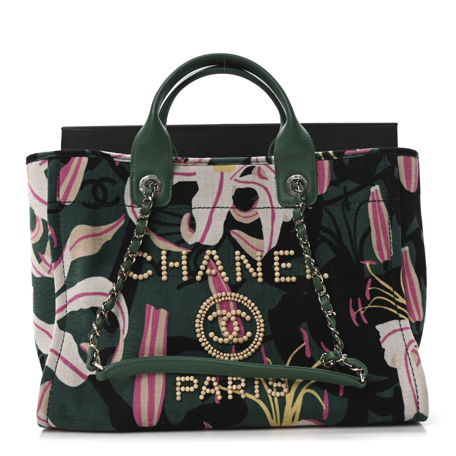 Chanel Velvet Calfskin Beaded Small Deauville Tote Pink Green Black 12 of 12
