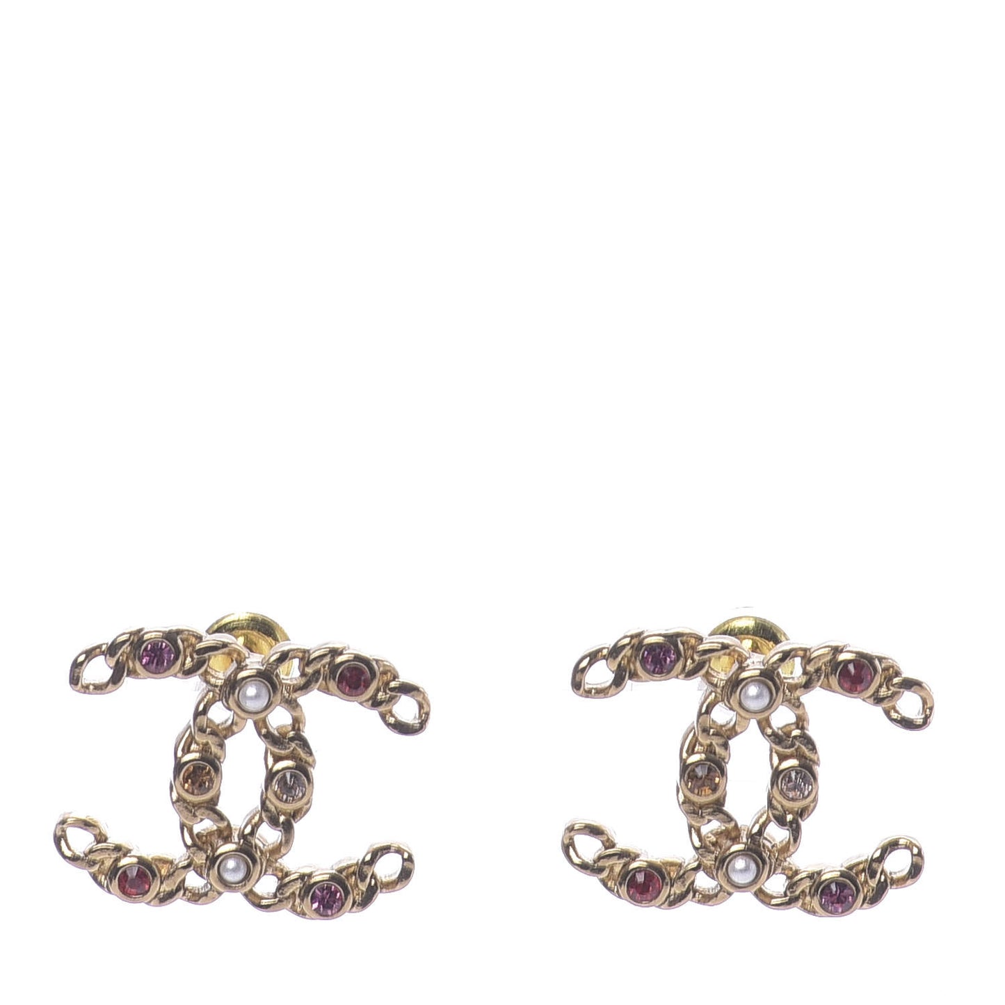 Pearl Crystal Chain Link CC Earrings Gold Red Pink Yellow