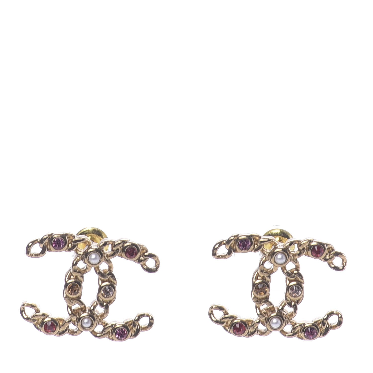 Chanel Pearl Crystal Chain Link CC Earrings Gold Red Pink Yellow 1 of 5