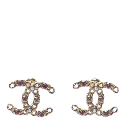 Chanel Pearl Crystal Chain Link CC Earrings Gold Red Pink Yellow 1 of 5