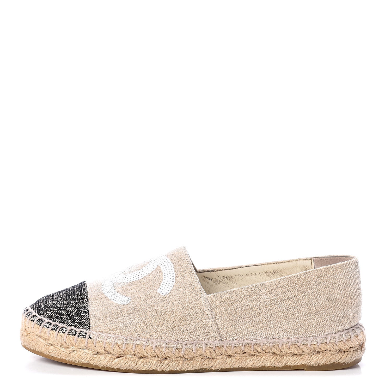 Chanel Toile Sequin CC Espadrilles 37 Beige Black 1 of 7