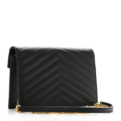 Saint Laurent Grain De Poudre Matelasse Chevron Monogram Envelope Chain Wallet Black 3 of 11