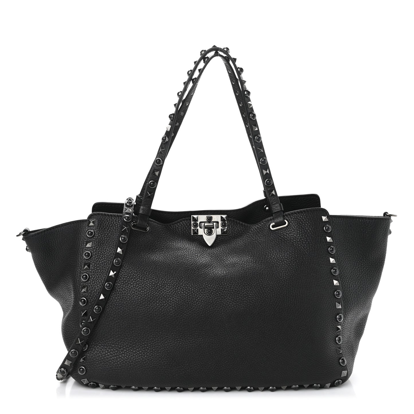 Grained Calfskin Onyx Medium Rockstud Rolling Tote Black