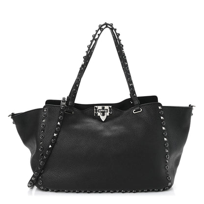 Valentino Garavani Grained Calfskin Onyx Medium Rockstud Rolling Tote Black 1 of 9