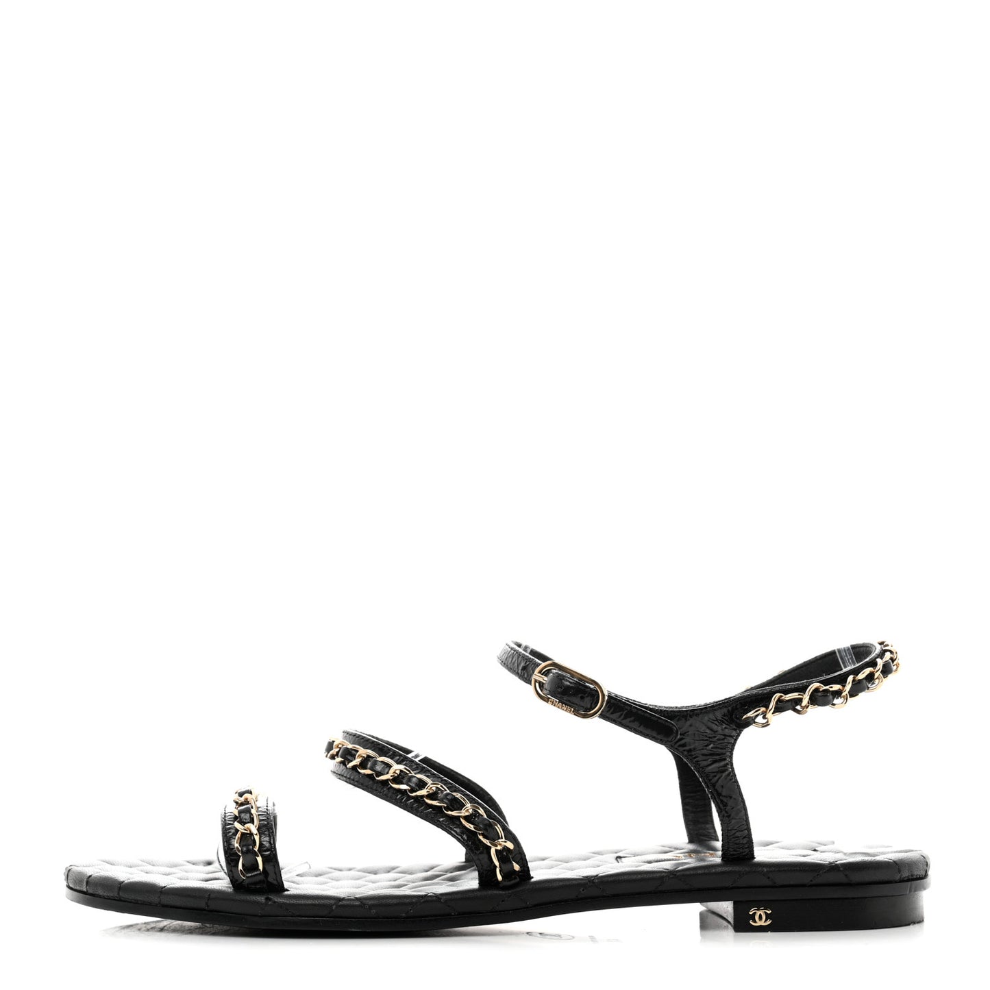 Aged Calfskin Chain Sandals 41 Black