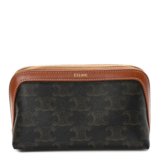 Celine Triomphe Canvas Calfskin Small Cosmetic Pouch Tan 1 of 9