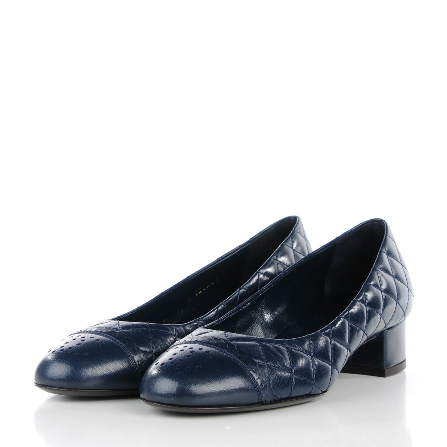 Lambskin Quilted CC Cap Toe Low Heel Ballerina Pumps 35 Navy Blue