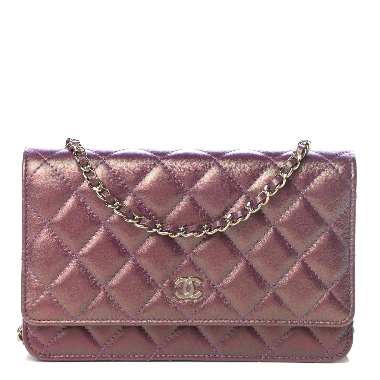 Iridescent Lambskin Quilted Wallet On Chain WOC Purple