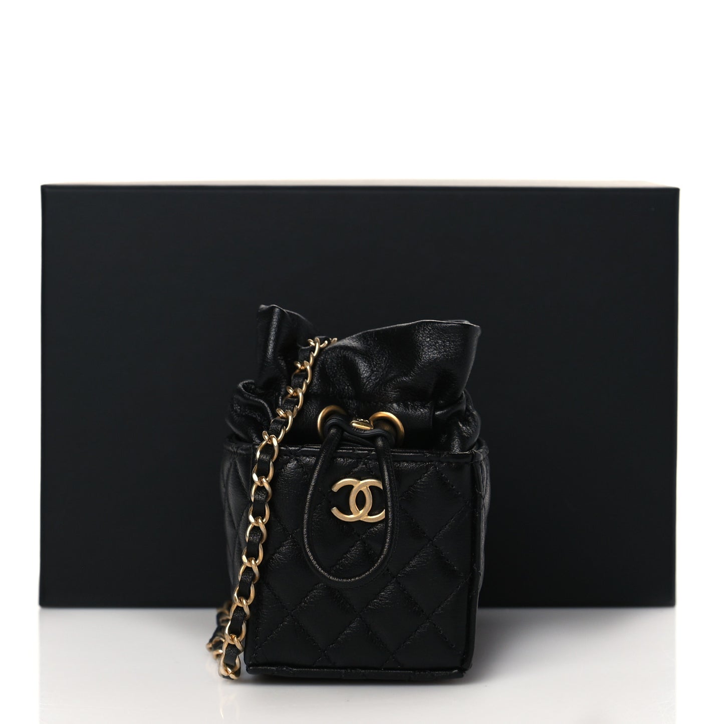 Calfskin Quilted Mini Drawstring Bucket Bag Black