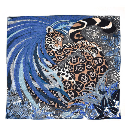 Hermes Cashmere Silk Jaguar Quetzal Shawl 140 Bleu Taupe Gris 1 of 5