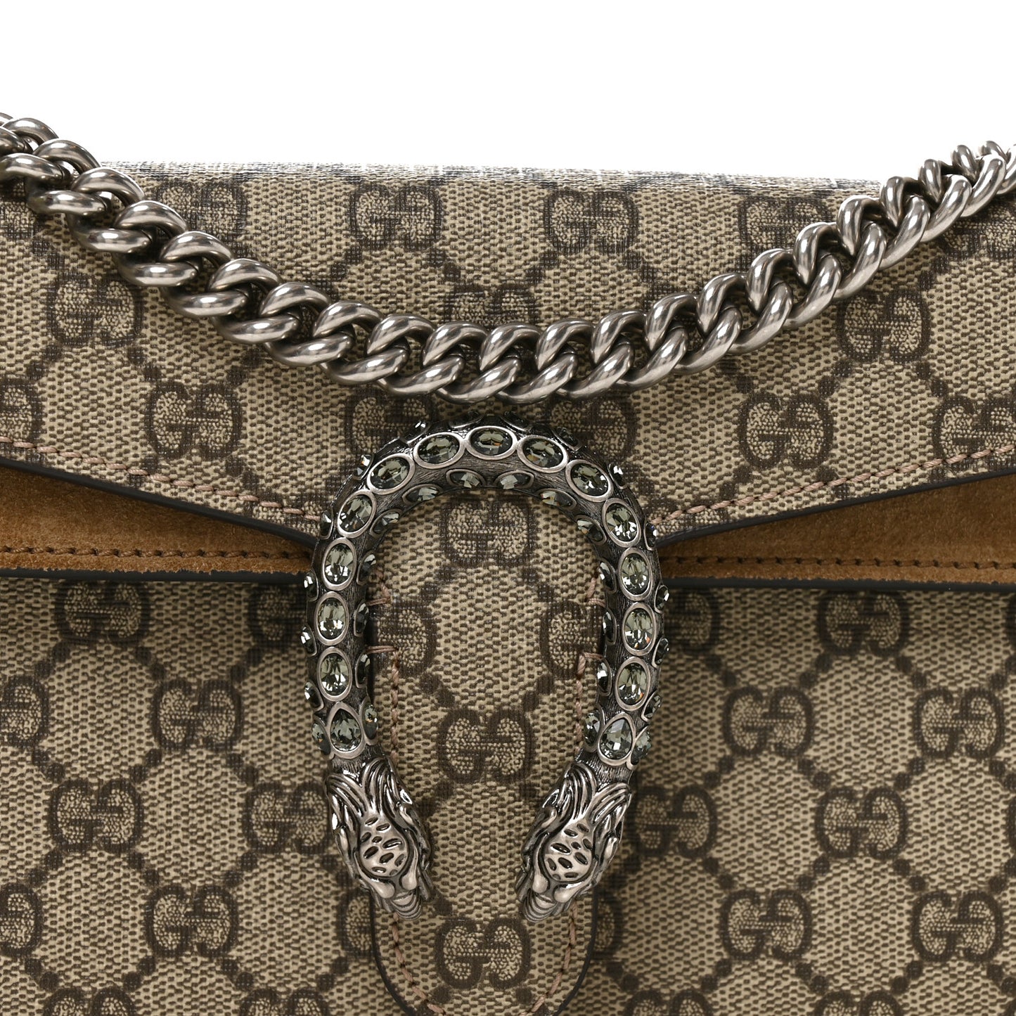 GG Supreme Monogram Suede Crystal Small Dionysus Shoulder Bag Beige Ebony Taupe